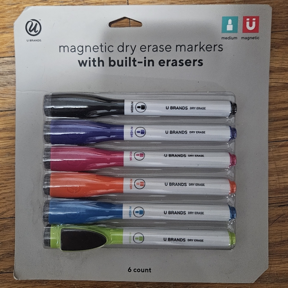 NWT U Brands Magnetic Dry Erase Markers With Built In Erasers 6 Count